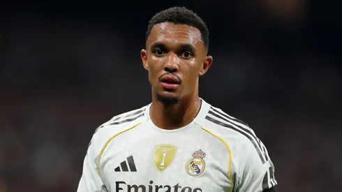 Trent Alexander-Arnold of Real Madrid looks on during the LaLiga EA Sports match between Real Madrid CF and CA Osasuna at Estadio Santiago Bernabeu on August 19, 2025 in Madrid, Spain.