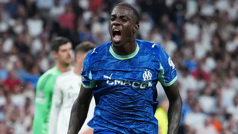Timothy Weah of Olympique de Marseille celebrates scoring his team's first goal during the UEFA Champions League 2025/26 League Phase MD1 match between Real Madrid C.F. and Olympique de Marseille at Estadio Santiago Bernabeu on September 16, 2025 in Madrid, Spain.