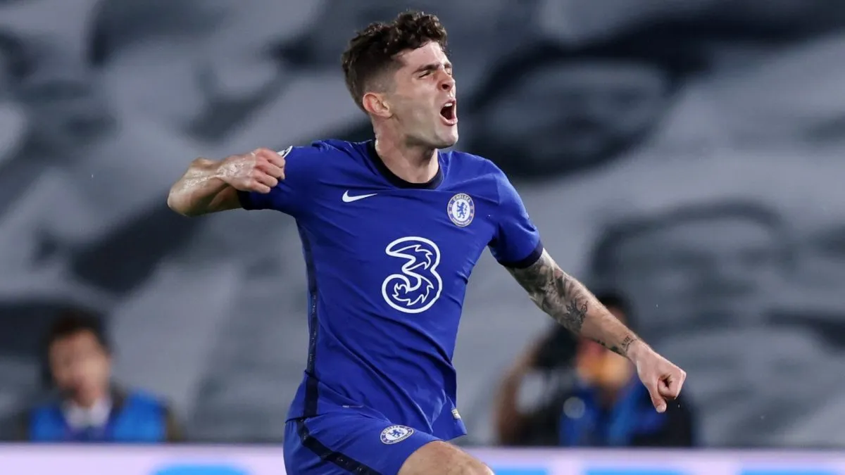 Christian Pulisic of Chelsea celebrates after scoring their side's first goal during the UEFA Champions League Semi Final First Leg match between Real Madrid and Chelsea FC.