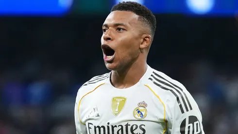 Kylian Mbappe of Real Madrid celebrates scoring his team's second goal.