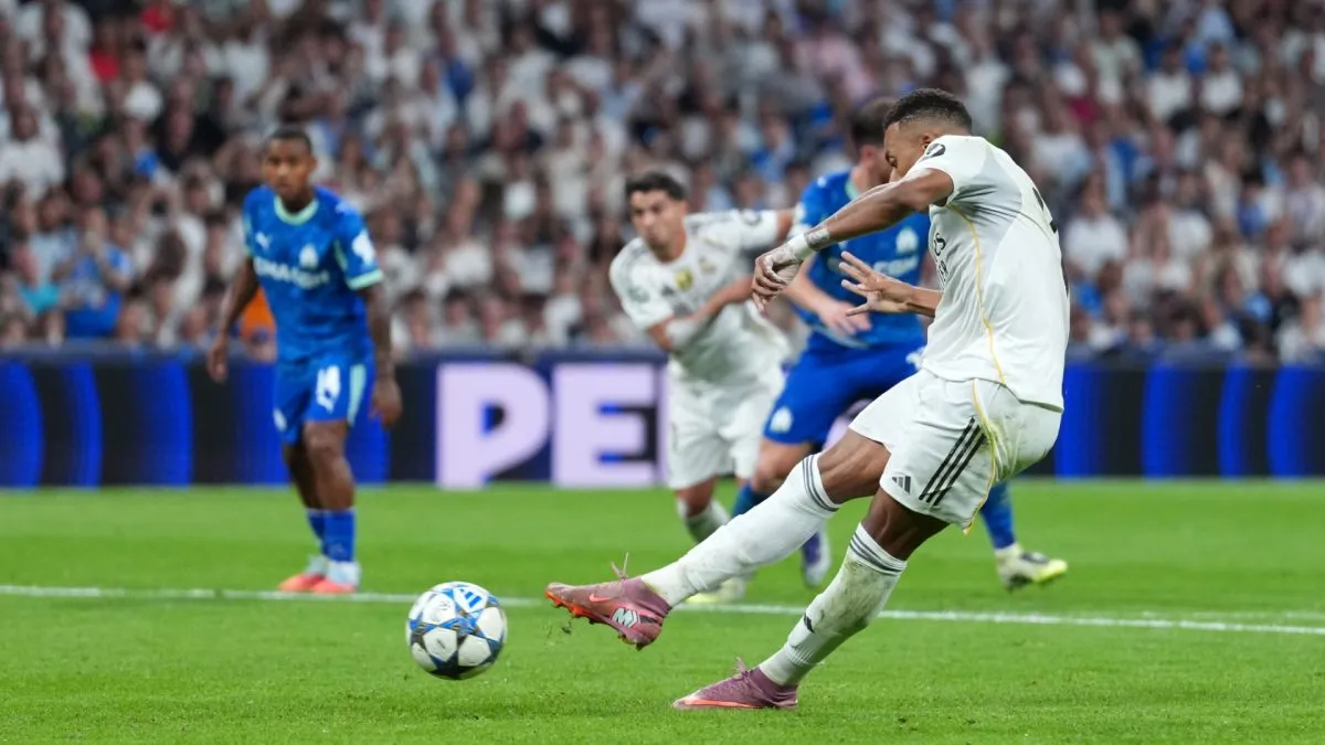 Kylian Mbappe shooting from the penalty spot for Real Madrid vs OM.