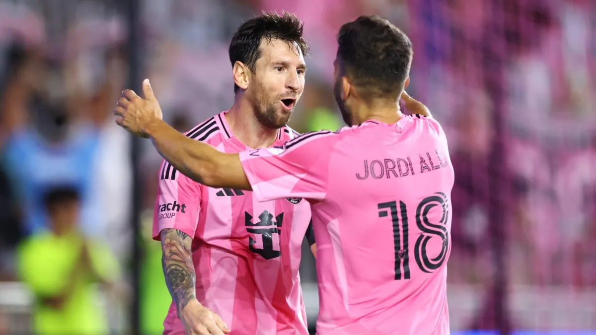 Lionel Messi #10 of Inter Miami CF celebrates after scoring the team's second goal with teammate Jordi Alba #18 during the MLS match between Inter Miami CF and Seattle Sounders FC.