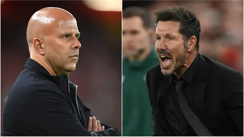 Arne Slot (L), Manager of Liverpool, and Diego Simeone (R), Head Coach of Atletico de Madrid.