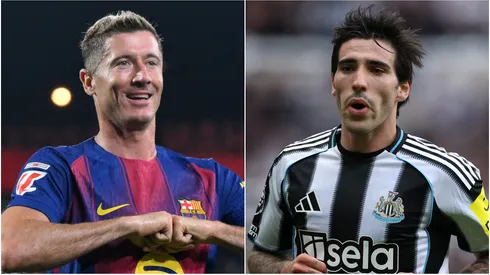 Robert Lewandowski (L) of FC Barcelona and Sandro Tonali (R) of Newcastle United.