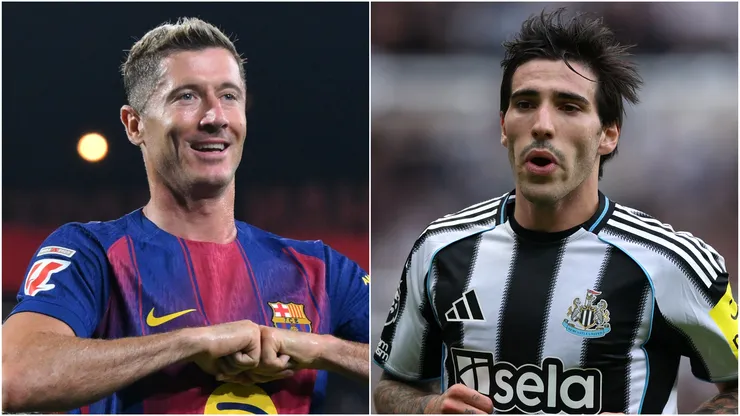 Robert Lewandowski (L) of FC Barcelona and Sandro Tonali (R) of Newcastle United.