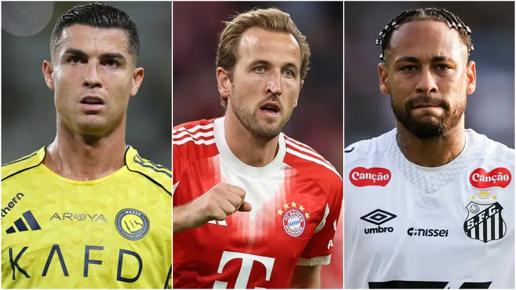 Cristiano Ronaldo (left), Harry Kane (center), and Neymar (right)