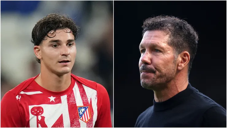 Julian Alvarez (L) and head coach Diego Simeone (R) of Atletico de Madrid.