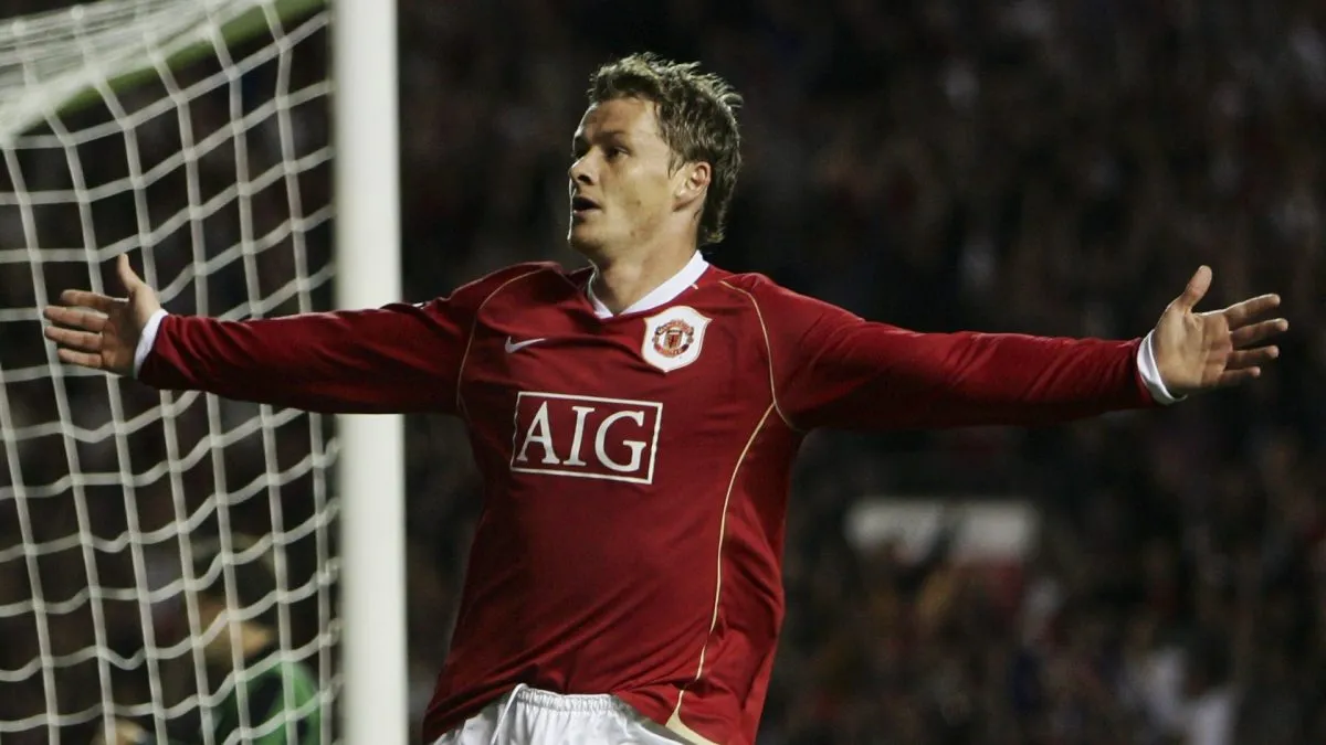 Ole Gunnar Solskjaer of Manchester United celebrates as he scores their third goal during the UEFA Champions League Group F match between Manchester United and Celtic.