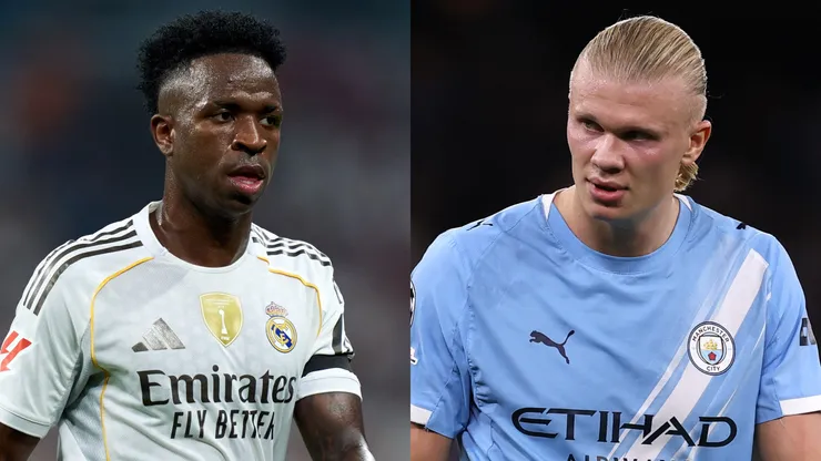 Vinicius Junior (L) of Real Madrid and Erling Haaland (R) of Manchester City.