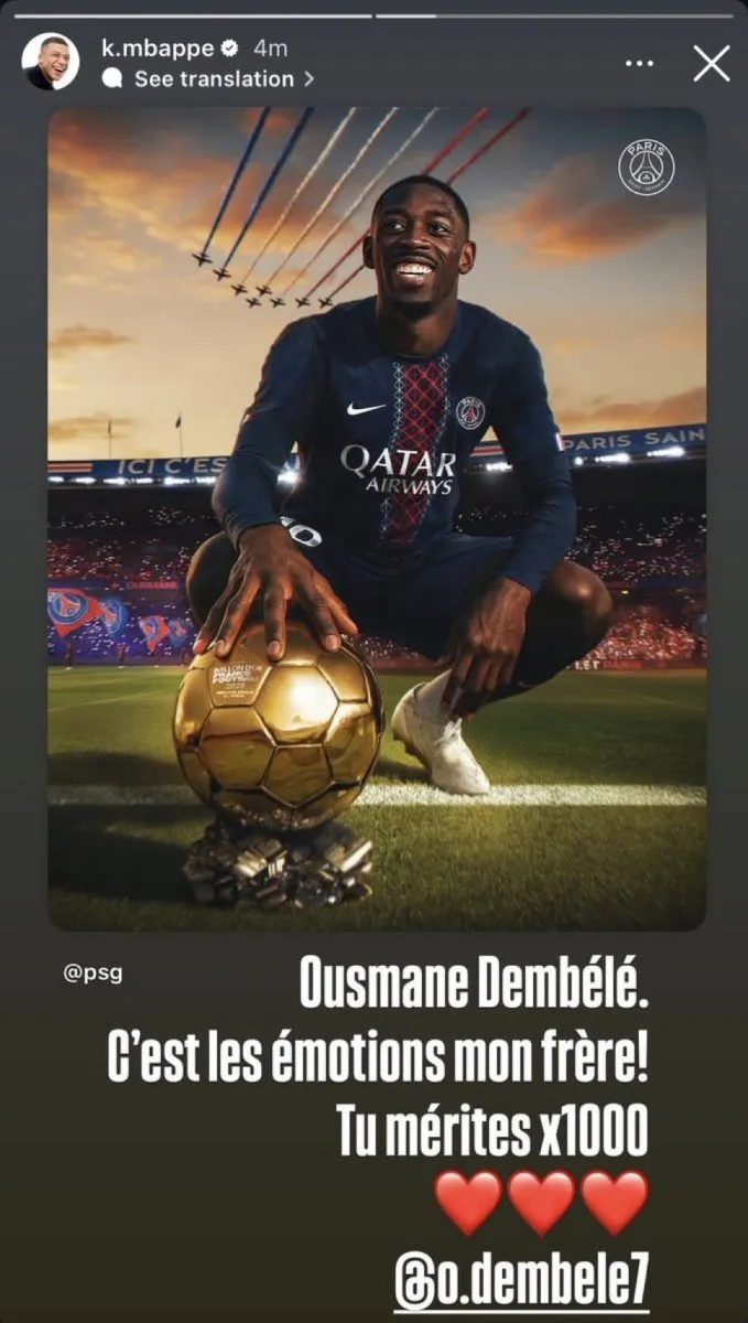 Kylian Mbappe's message to Ousmane Dembele after winning the 2025 Ballon d'Or.