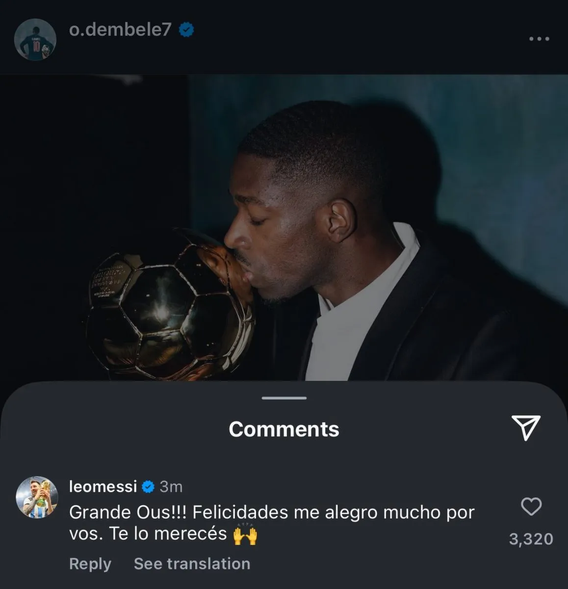 Lionel Messi's message to Ousmane Dembele after winning the 2025 Ballon d'Or.