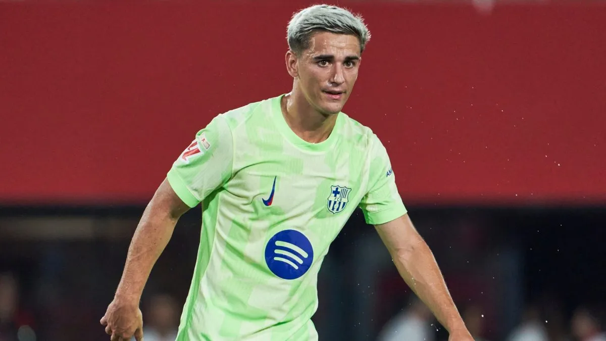Gavi of FC Barcelona looks on during the LaLiga EA Sports match between RCD Mallorca and FC Barcelona at Estadio de Son Moix on August 16, 2025 in Mallorca, Spain.