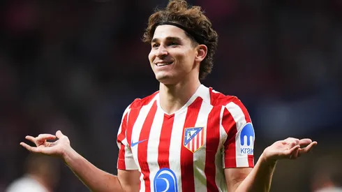 Julian Alvarez of Atletico de Madrid celebrates scoring his team's third goal and completing his hat-trick.