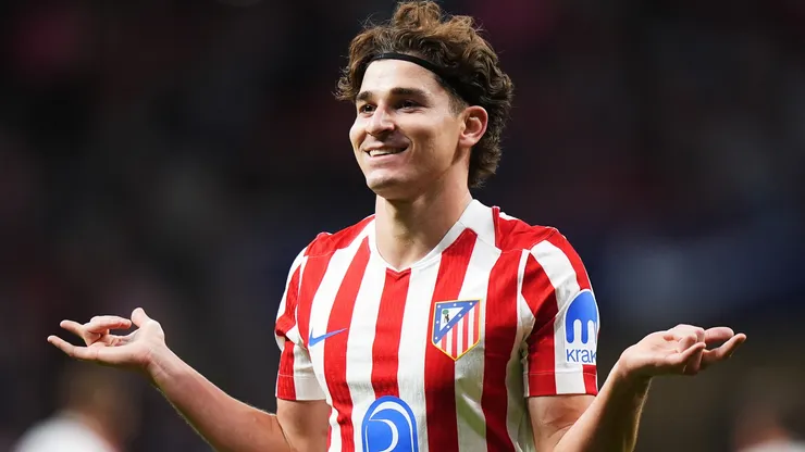 Julian Alvarez of Atletico de Madrid celebrates scoring his team's third goal and completing his hat-trick.