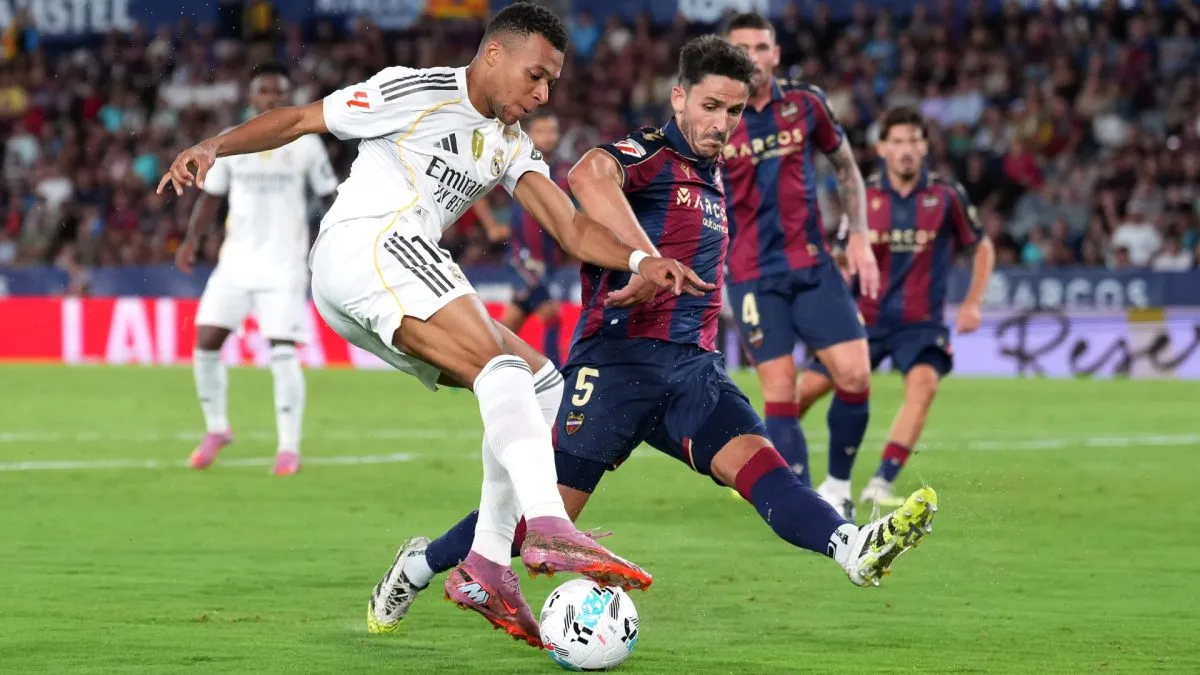 Kylian Mbappe of Real Madrid is fouled by Unai Elgezabal of Levante UD in the box during the LaLiga EA Sports match.