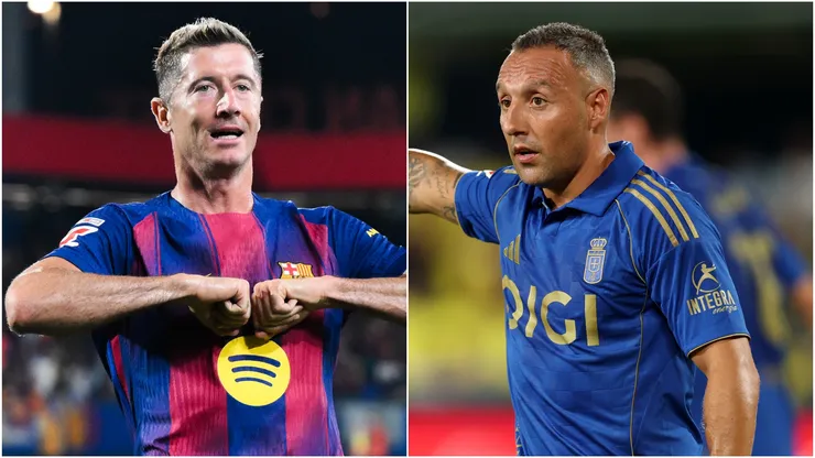 Barcelona's Robert Lewandowski and Real Oviedo's Santi Cazorla.