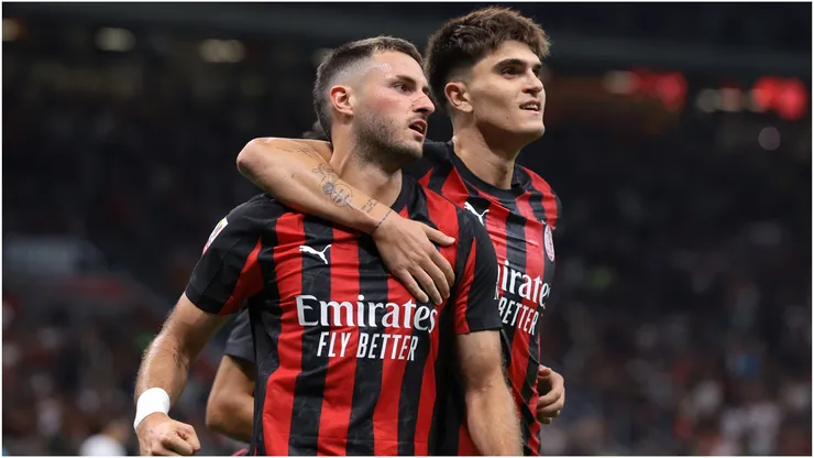 Santiago Gimenez of AC Milan celebrates with team mate