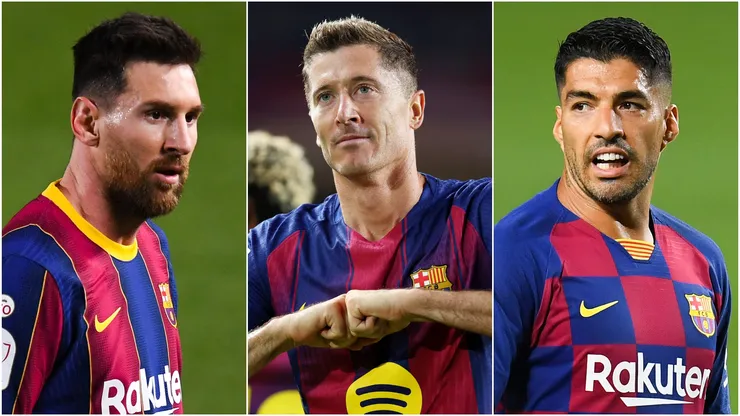 Lionel Messi (L), Robert Lewandowski (M), and Luis Suarez (R) of FC Barcelona.