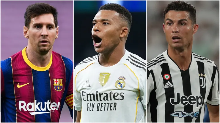 Lionel Messi of FC Barcelona, Kylian Mbappe of Real Madrid, and Cristiano Ronaldo of Juventus.
