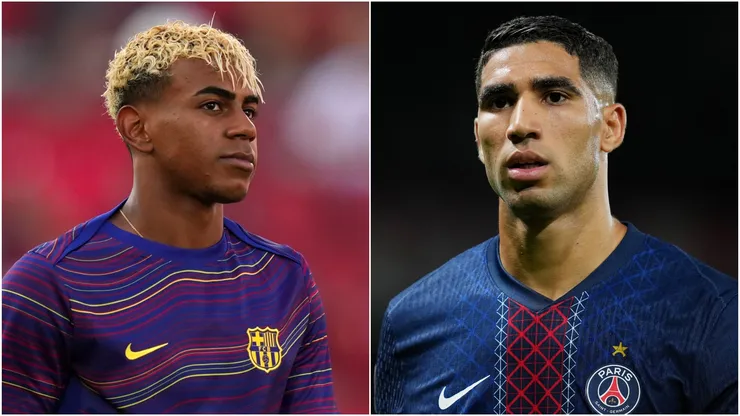 Lamine Yamal (L) of FC Barcelona and Achraf Hakimi (R) of Paris Saint-Germain.