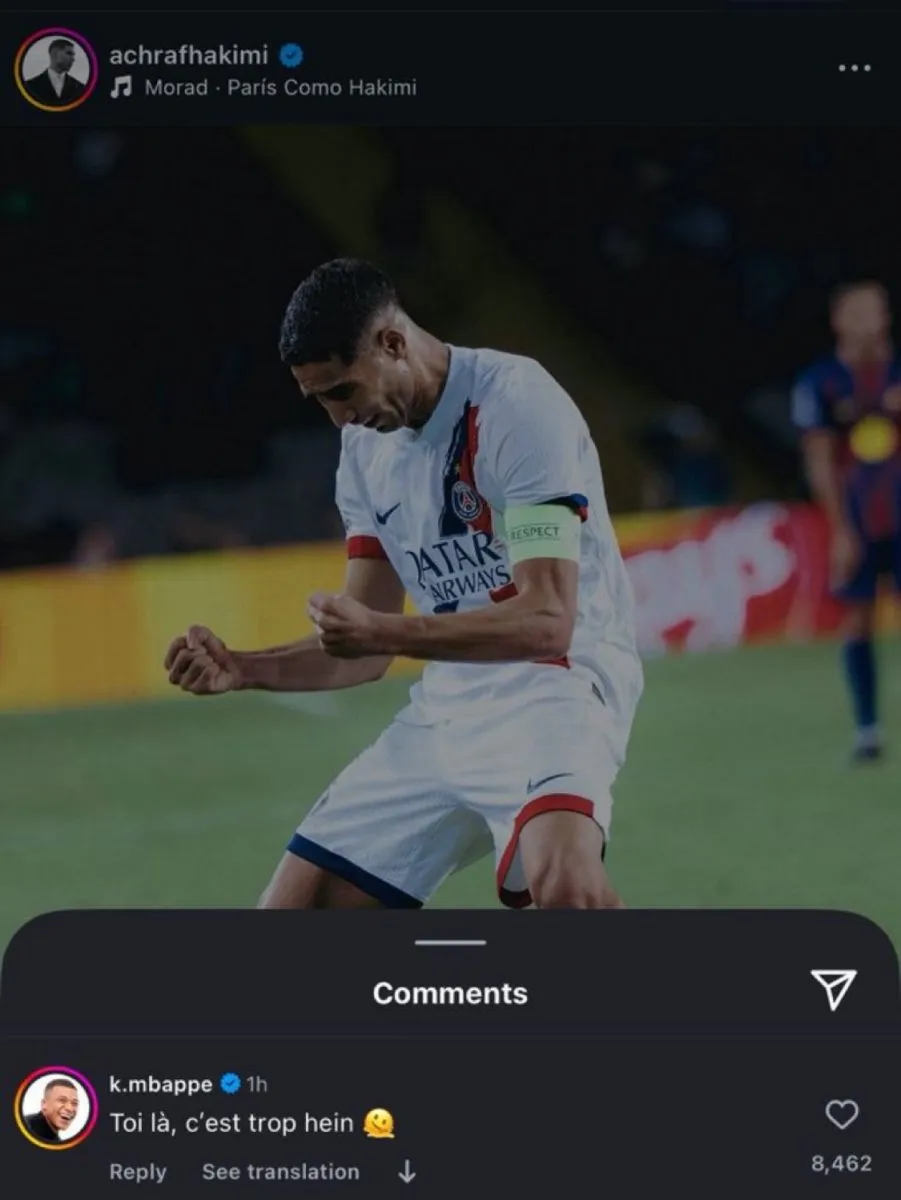 Kylian Mbappe's message on Achraf Hakimi's Instagram post.