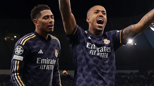 Jude Bellingham and Eder Militao of Real Madrid celebrate a victory.