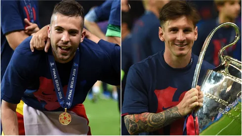Jordi Alba and Lionel Messi from FC Barcelona celebrate the Champions League title
