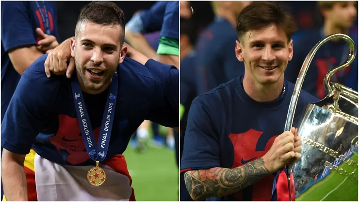 Jordi Alba and Lionel Messi from FC Barcelona celebrate the Champions League title