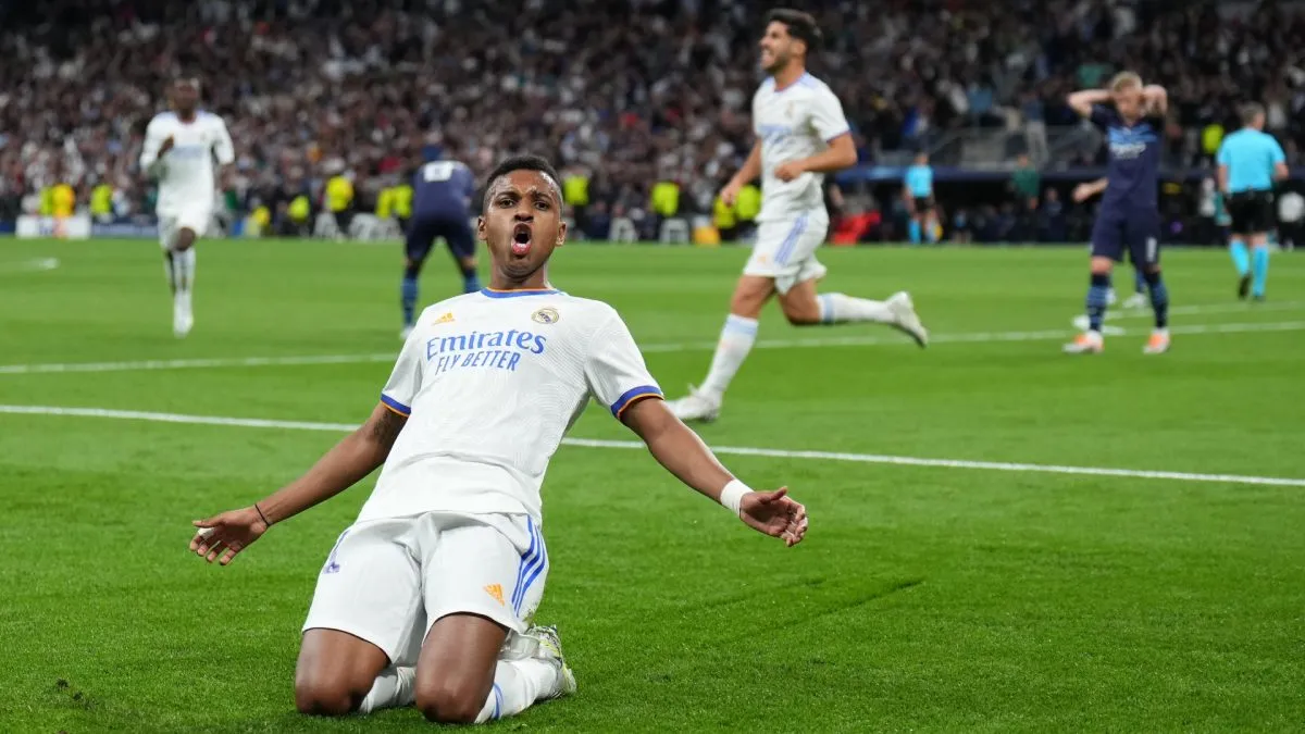 Rodrygo of Real Madrid celebrates after scoring against Manchester City.