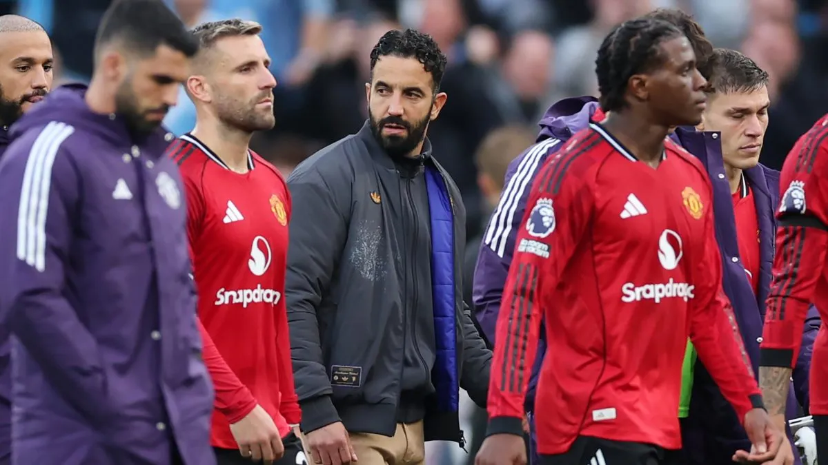 Man United coach Ruben Amorim looking on