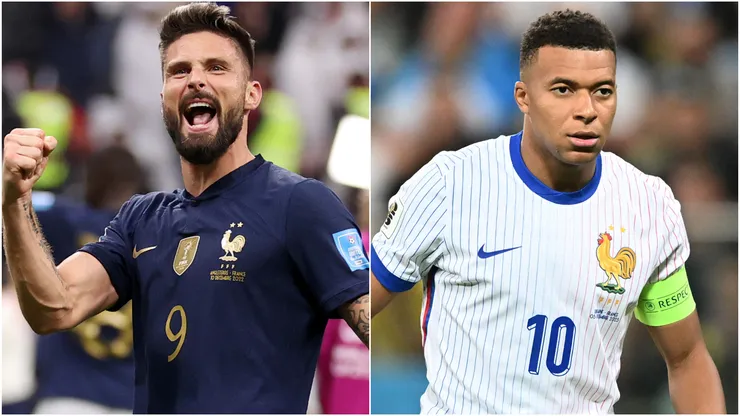 Olivier Giroud and Kylian Mbappe of France.
