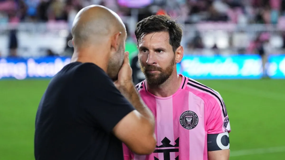 Lionel Messi #10 chats with Javier Mascherano, Head Coach of Inter Miami CF.