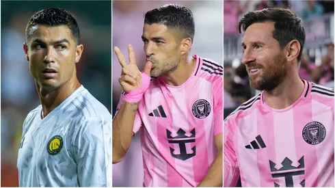 Cristiano Ronaldo (L) of Al-Nassr, and Luis Suarez (M) and Lionel Messi (R) of Inter Miami.