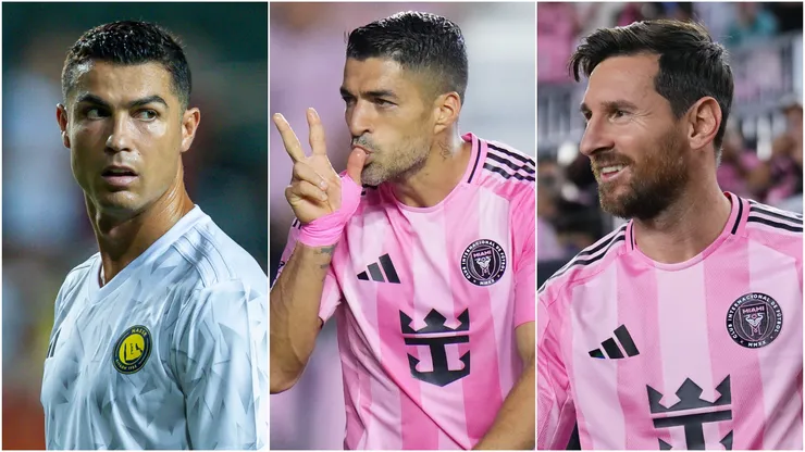 Cristiano Ronaldo (L) of Al-Nassr, and Luis Suarez (M) and Lionel Messi (R) of Inter Miami.