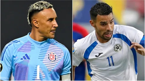 Keylor Navas #1 of Costa Rica and Juan Barrera #11 of Nicaragua.