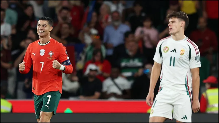 Cristiano Ronaldo celebrates after scoring Portugal's first goal vs Hungary.