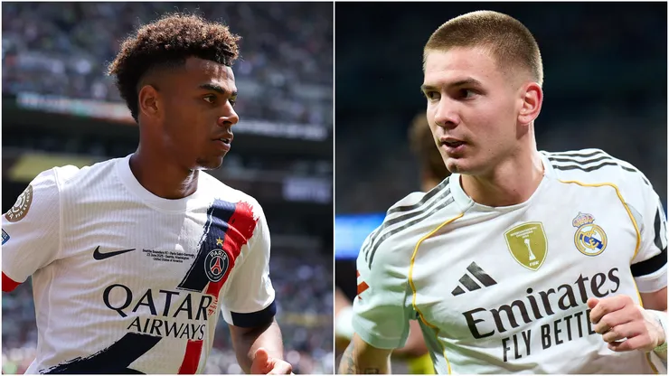 Desire Doue (L) #14 of Paris Saint-Germain and Franco Mastantuono (R) of Real Madrid.