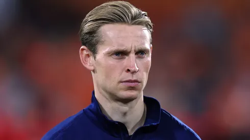 Barcelona star Frenkie de Jong stands prior a game.