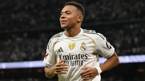 Kylian Mbappe of Real Madrid celebrates scoring his team's third goal against Villarreal.