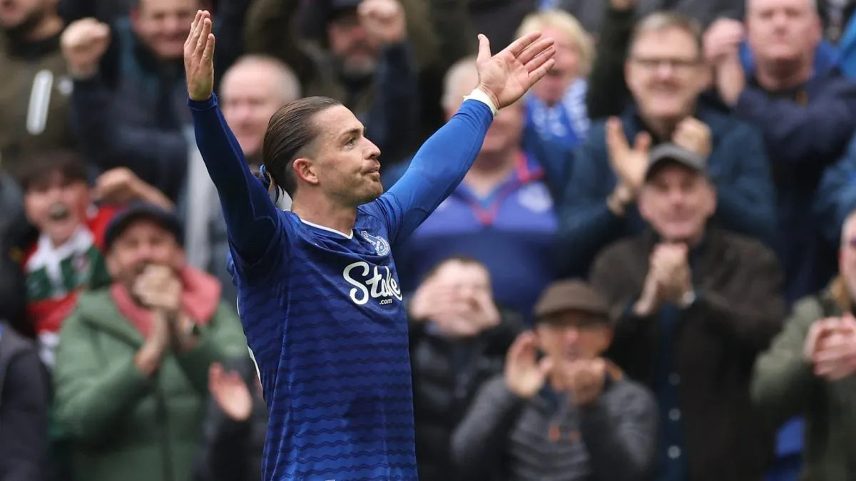 Jack Grealish celebrates after scoring a goal for Everton.