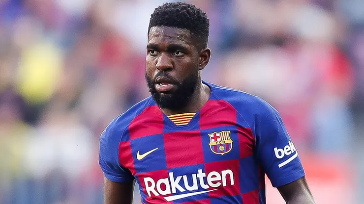 Samuel Umtiti of FC Barcelona looks on during the Liga match.