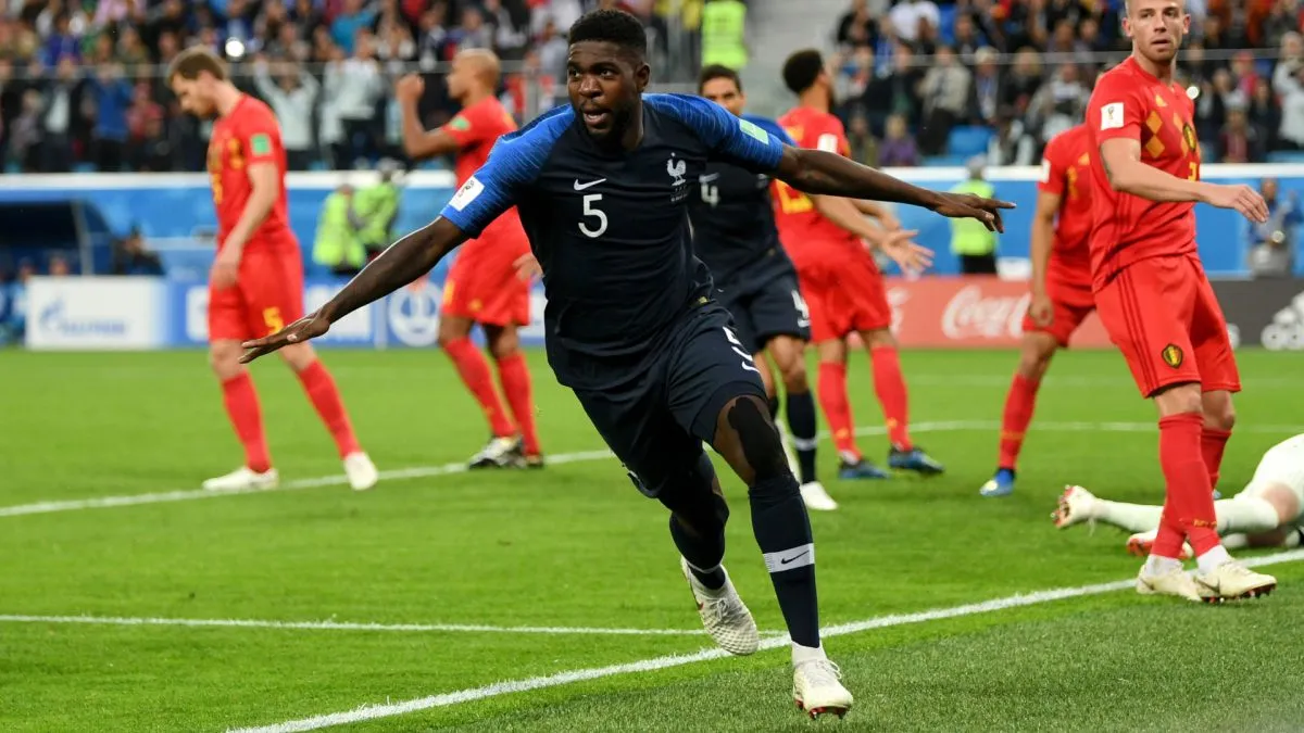 Samuel Umtiti celebrating a goal with France in the 2018 World Cup