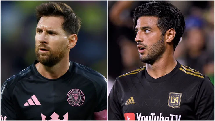 Lionel Messi #10 of Inter Miami CF and Carlos Vela #10 of Los Angeles FC.