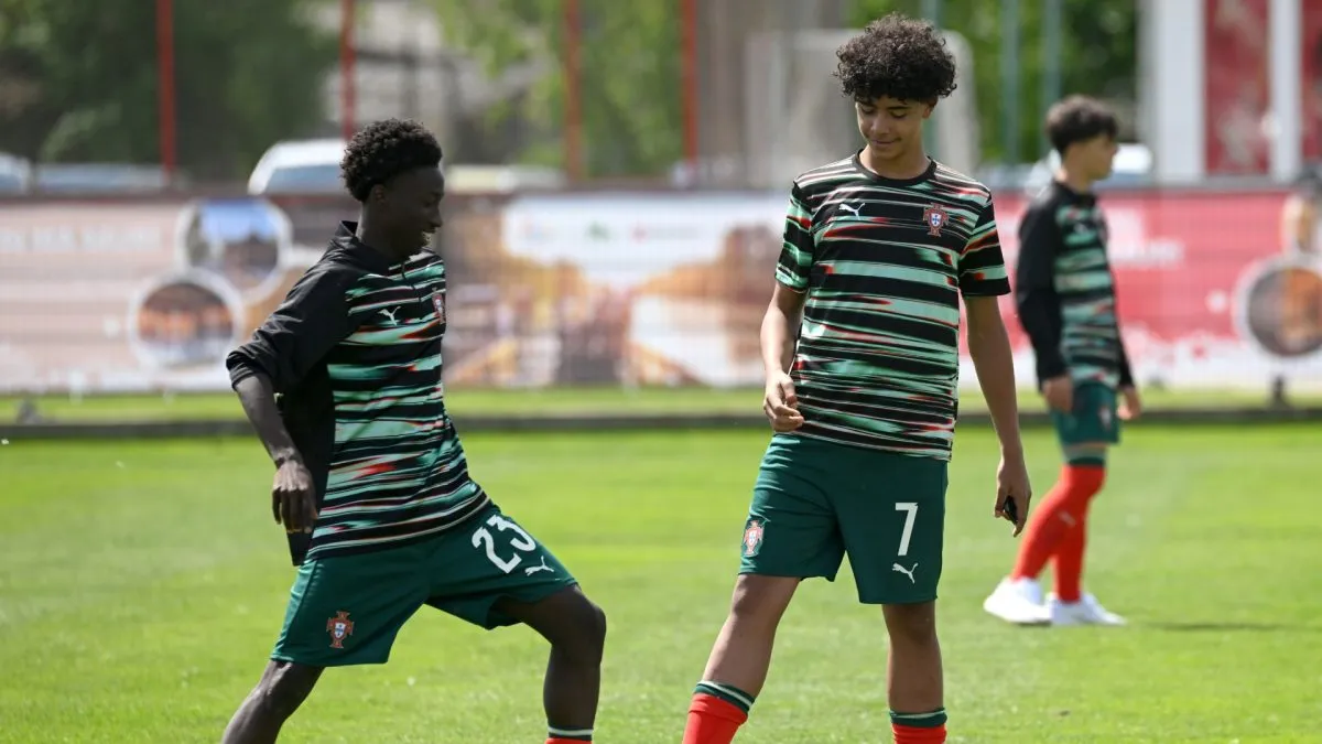 Emiliano Cassama and Cristiano Ronaldo Jr of Portugal warming up.