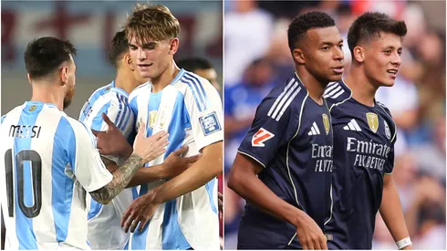 Argentina's Lionel Messi, Nicolas Paz , Real Madrid's Kylian Mbappe and Arda Guler.