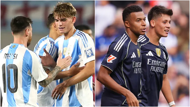 Argentina's Lionel Messi, Nicolas Paz , Real Madrid's Kylian Mbappe and Arda Guler.