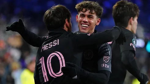 Lionel Messi of Inter Miami celebrates with teammate Noah Allen after scoring a goal.