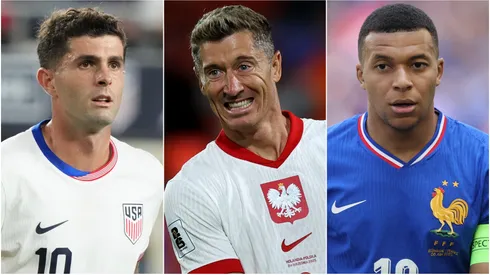 Christian Pulisic (left), Robert Lewandowski, (center), and Kylian Mbappe (right)