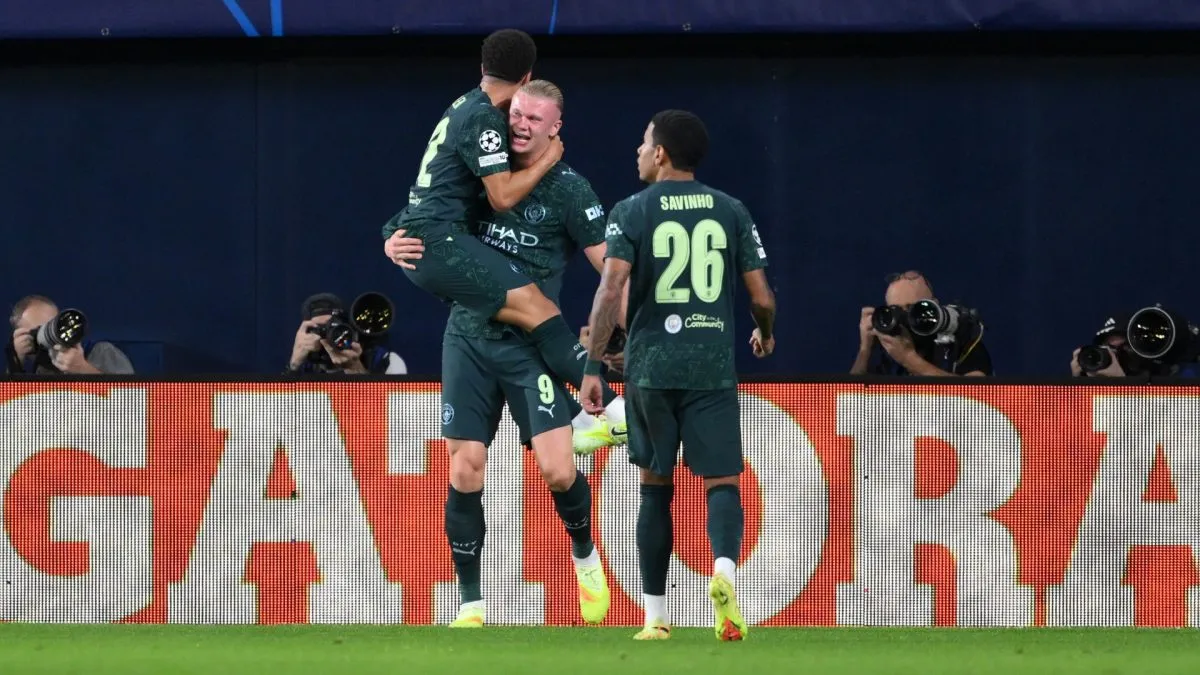 Erling Haaland of Manchester City celebrates scoring his team's first goal against Villarreal.