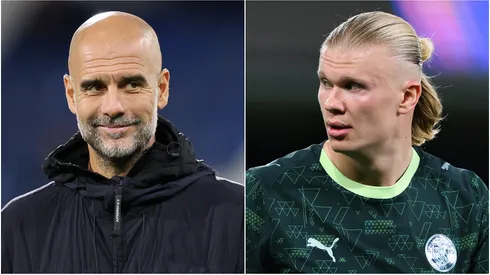 Head coach Pep Guardiola (L) and Erling Haaland (R) of Manchester City.